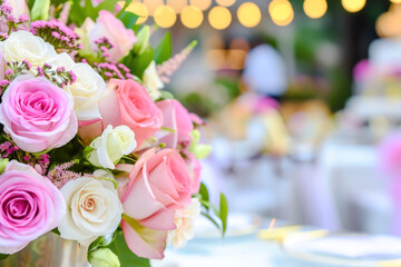 Bouquet of pink and white roses on the wedding table.