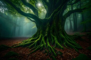 Explore the mystical forest of Ents and Dryads, where ancient trees come to life and ethereal beings dance among the leaves - obrazy, fototapety, plakaty