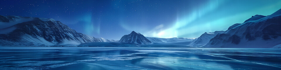 Naklejka premium Vibrant extra wide panoramic sky. Frozen lake with mountain range in the horizon. Blue night sky with stars and northern lights. Full moon. Fantasy winter nightscape. 