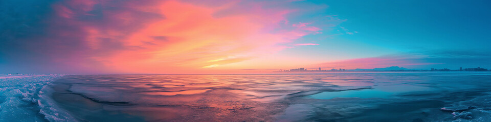 Fototapeta na wymiar Vibrant extra wide panoramic sky. Vibrant stormy sunset sky over a vast frozen lake. Fantasy winter landscape. Sky gradient tones of fiery red, pink, orange and blue hues casting it's colors.
