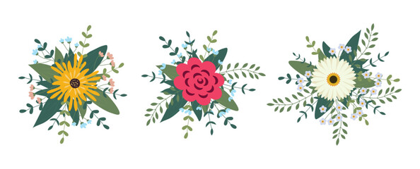 Set of flowers arrangement isolated on background. Flat illustration. Perfect for cards, invitations, decorations, logo, various designs - obrazy, fototapety, plakaty