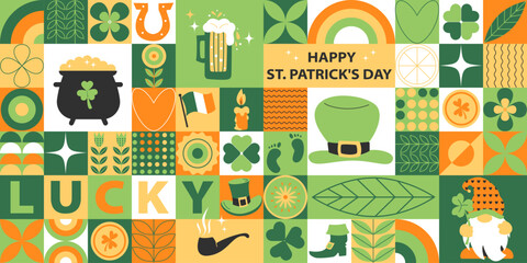 St.Patrick's Day modern mosaic background for branding cover, poster, banner. Geometric pattern for traditional Irish holiday. Vector background with leprechaun hat, clover, coins, beer, simple forms 