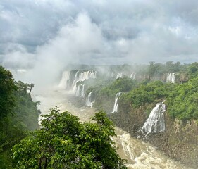 iguazu waterfalls at brazilian side with mist rising