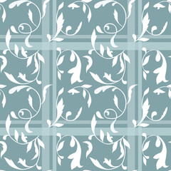 Vintage seamless pattern with check and leaves on blue background