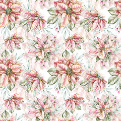 Seamless pattern with watercolor poinsettia flowers