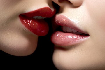 Close up of sensual lesbian women's mouths with lipstick kissing - obrazy, fototapety, plakaty