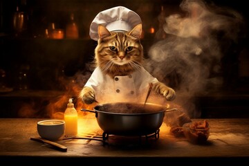 A cooking cat chef in pot over a fire of expertise. Generative AI - obrazy, fototapety, plakaty