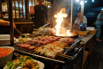 Grilled meat on the grill at a street food festival in Thailand