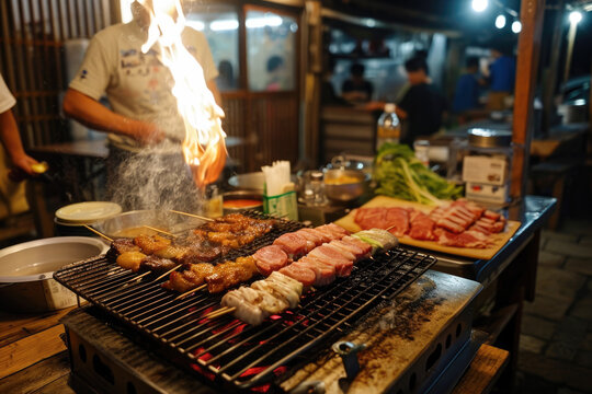 Grilled meat on the grill in the night market of Thailand.