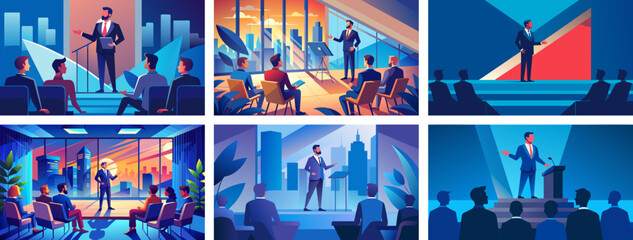Professional businessman giving presentation at different venues. Vector Illustration. - obrazy, fototapety, plakaty