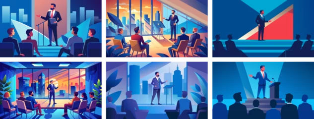 Deurstickers Professional businessman giving presentation at different venues. Vector Illustration. © Mustafa