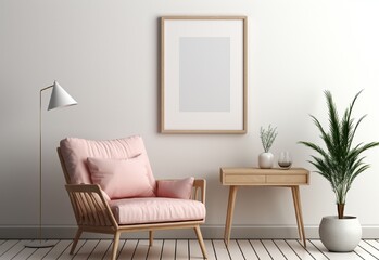 white photo frame on the wall with sofa chair and table