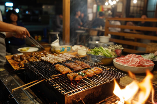 Grilled sausages on barbecue grill in asian restaurant.
