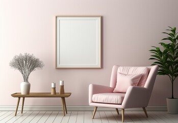 white photo frame on the wall with sofa and table