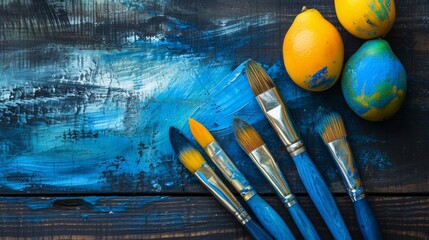 paintbrush and blue paints on black background