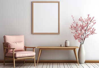 white photo frame on the wall with sofa chair and table