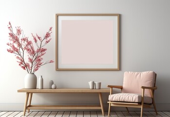 Fototapeta na wymiar white photo frame on the wall with sofa chair and table