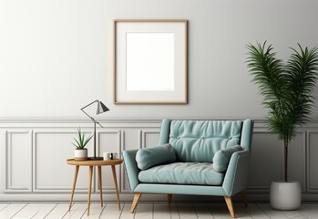 white photo frame on the wall with sofa chair and table