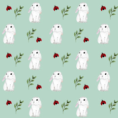 Watercolor seamless pattern with cute bunnies, green leaves isolated on a gentle background. 
Watercolor hand draw illustration. 
Art for design