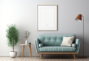 white photo frame on the wall with a sofa and table