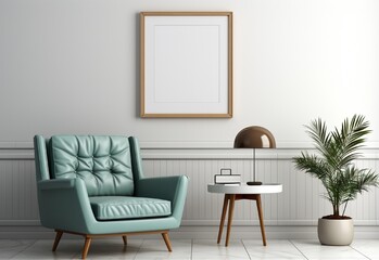 white photo frame on the wall with sofa chair and table