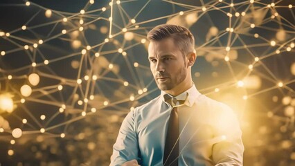 A man, a businessman, thinking about a new business strategy, bright reflections on the background seem to reverse the neural impulses in the man's brain. Generative AI