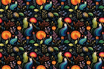 Colorful seamless pattern with whimsical creatures and botanical elements on a dark background
