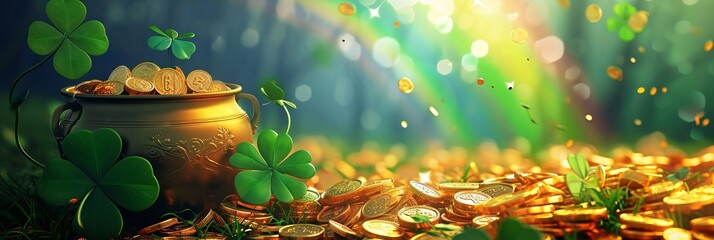 Big pot with gold coins, clover leaves and a rainbow above it. St. Patrick's Day celebration concept, banner - obrazy, fototapety, plakaty