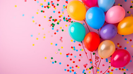 Colorful Balloons and Confetti on a Pink Background