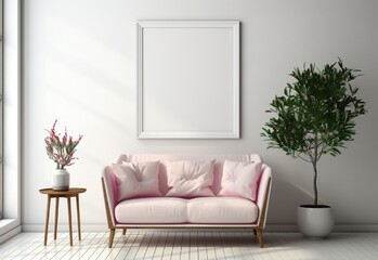 white photo frame on the wall with a sofa and table