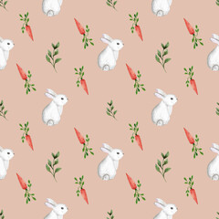 Watercolor seamless pattern with cute bunnies, carrots and green leaves isolated on a gentle background. Watercolor hand draw illustration. Art for design