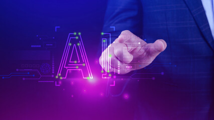 Ai tech, Businessman using virtual graphic Global Internet connect Chatgpt Chat with AI, Artificial...