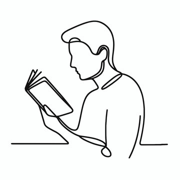 Silhouette of a Man Immersed in a Book, Artistically Crafted with a Refined Black Line, Set Against a Soft Light Background - A Captivating Image of Serene Literary Enjoyment