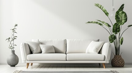View of modern scandinavian style interior with sofa and trendy vase, Home staging and minimalism concept