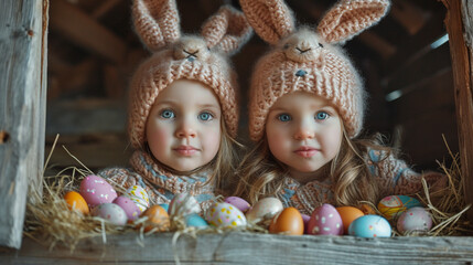 Posing with chocolate eggs around them, siblings costumed like Easter bunnies. 
