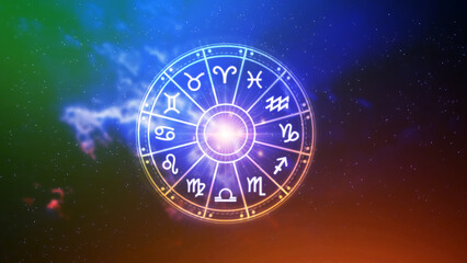 Concept of astrology and horoscope, person inside a zodiac sign wheel, Astrological zodiac signs inside of horoscope circle, Astrology, knowledge of stars in the sky, power of the universe concept.