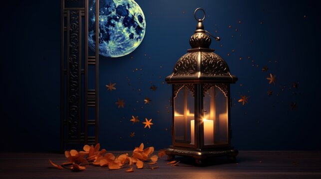 Lantern on the moon with burning candle. Generate AI image