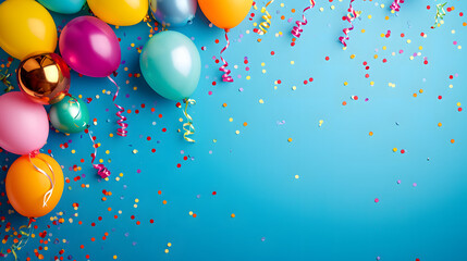 Colorful Balloons and Confetti on Blue Background for Festive Celebrations