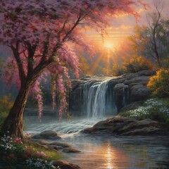 Fototapeta na wymiar Romantic Waterfall with Blooming Cherry Blossoms