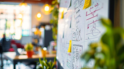Collaborative Business Meeting: Team Brainstorming with Sticky Notes in a Modern Office