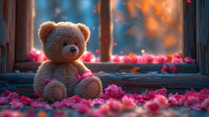 bear soft toy sitting holding a romantic heart. Generative AI