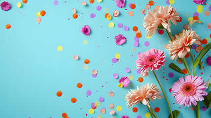 Fototapeta premium Pink Flowers on Blue Surface, A Vibrant Bouquet Illuminates the Scene