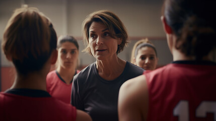 A stern coach talking at her women's basketball team gathered around her during basketball...