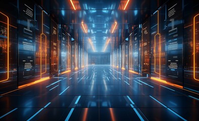 Futuristic server room with glowing blue and orange lights in a data center corridor