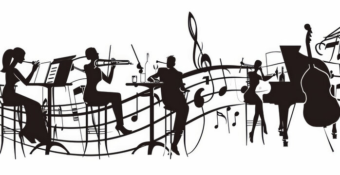 Orchestra Silhouette Musical Flow.
Silhouette of an orchestra ensemble with flowing musical notes.