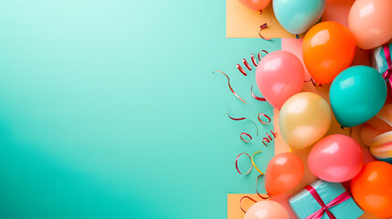 Celebration, Colorful Balloons and Confetti on a Blue Background