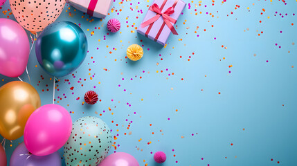 Festive Celebration With Blue Background, Balloons, Gift Box, and Confetti