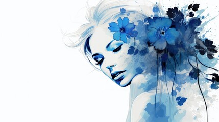 Abstract watercolor woman with blue flower . Generate AI image