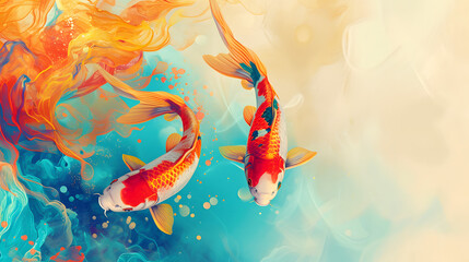 Painting Depicting Two Koi Fish Swimming in a Pond