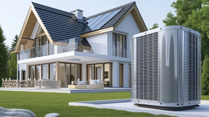 Modern building with a heat pump, Green Energy concept - obrazy, fototapety, plakaty